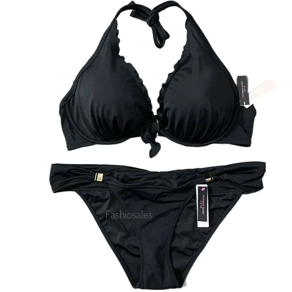Victorias Secret Swim Capri Ruffle Bikini top Removable Push Up & Bottoms Set